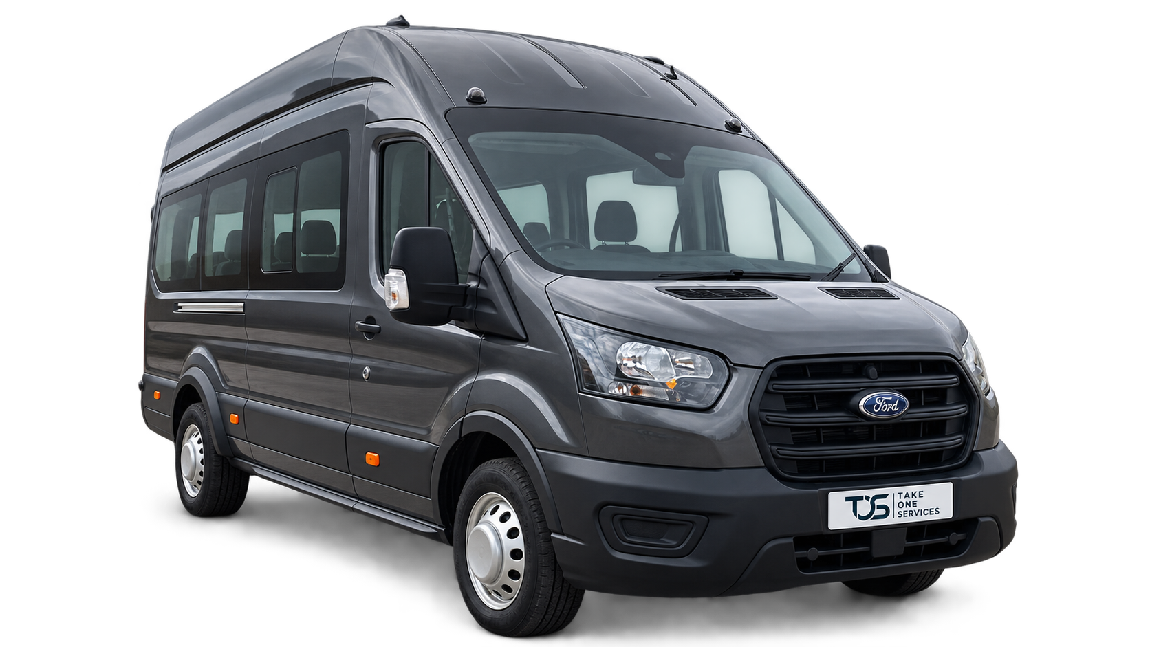 Grey Ford minibus with a Take One Services display plate
